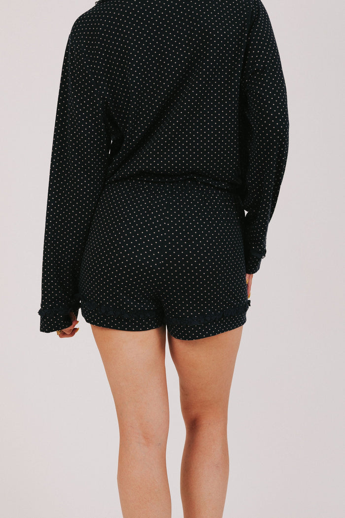 polka dot shorts with bows and ruffled trim back
