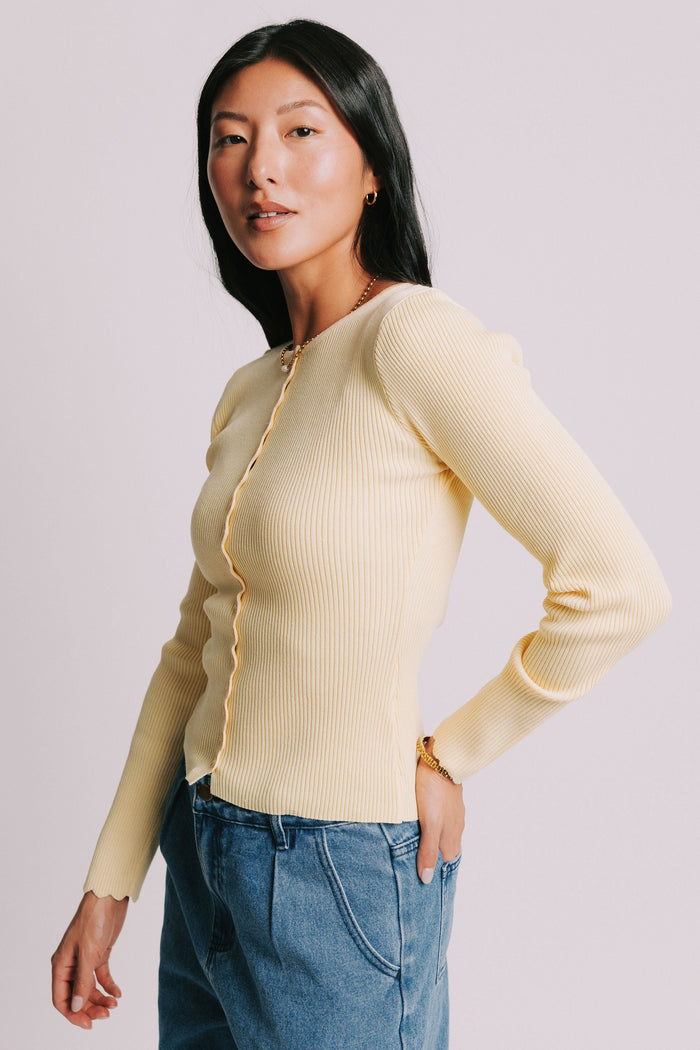 fitted ribbed yellow button down cardigan side