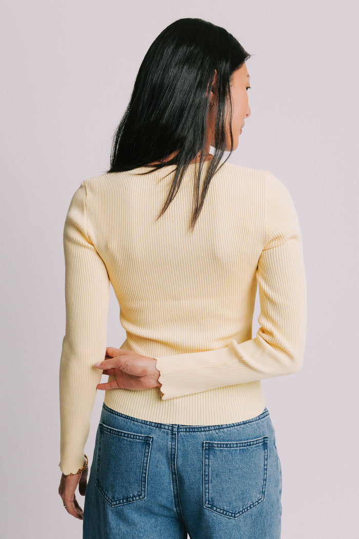 fitted ribbed yellow button down cardigan back