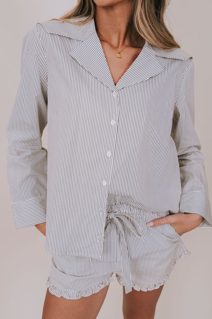 pin stripe collared button up shirt close