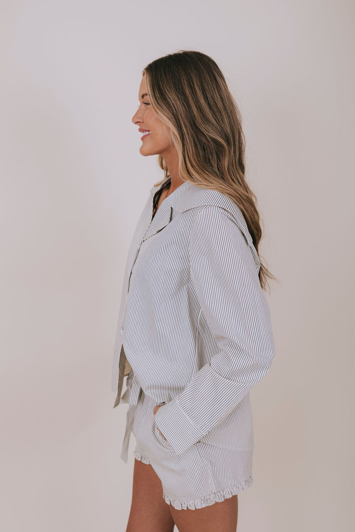pin stripe collared button up shirt side