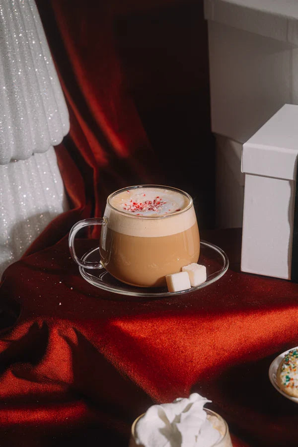 Mug of white peppermient mocha flavored sugar cube from Teaspressa.