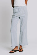 blue and white striped pants with elastic waist and ruffled hem