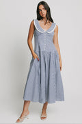 blue and white sleeveless gingham dress with drop waist and collar