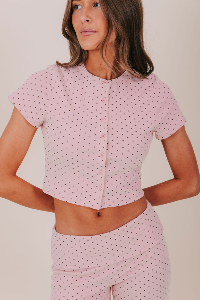 pink brown polka dot cropped button up top detail