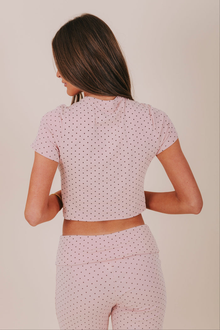 pink brown polka dot cropped button up top back