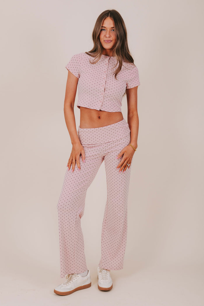 pink brown polka dot cropped button up top full