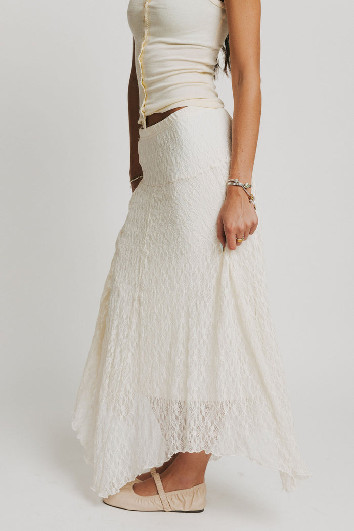 ivory lace maxi skirt with asymmetric hem side