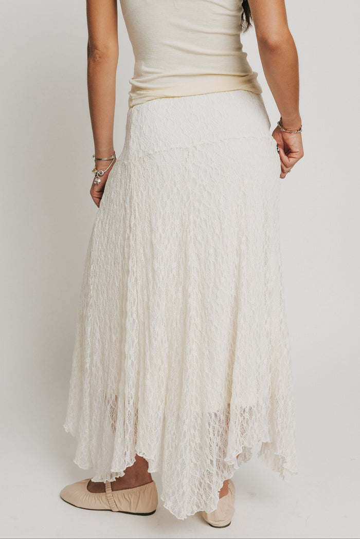 ivory lace maxi skirt with asymmetric hem back
