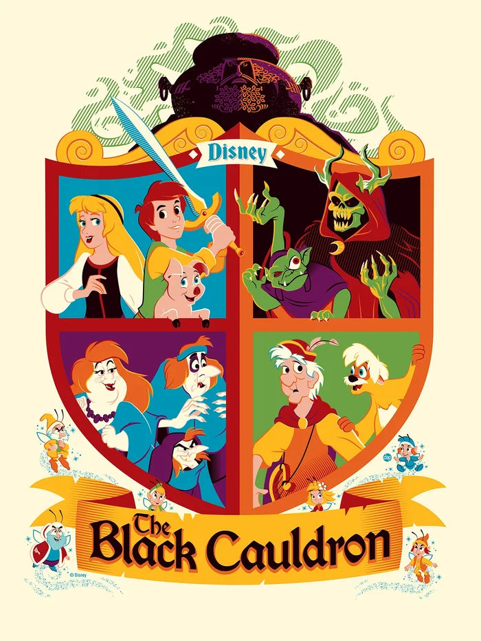 A colorful crest featuring characters from the movie 'The Black Cauldron', with characters arranged within a shield-shaped background with a banner at the bottom.