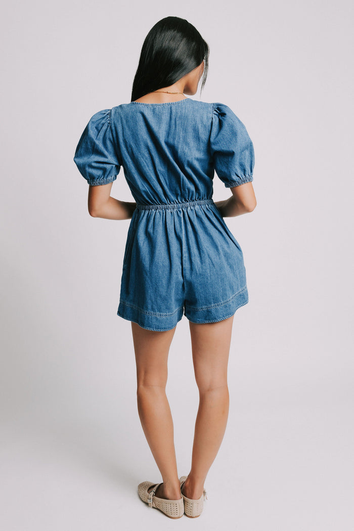 blue denim v neck romper with bows and gathered detail back