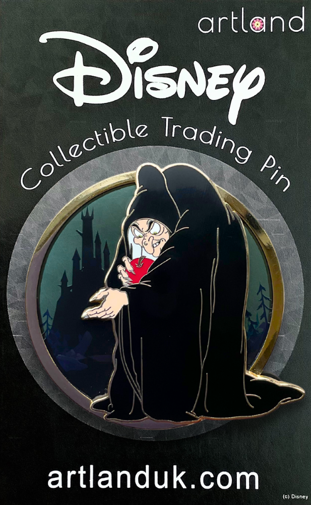A collectible pin featuring the Evil Hag from Disney's Snow White, designed as a pin-on-glass frame.