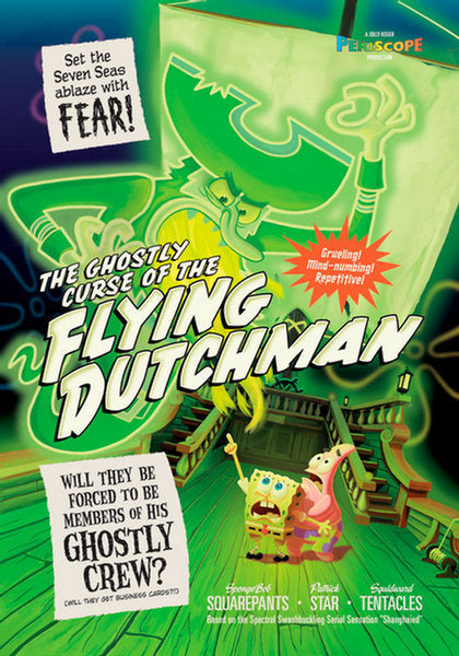 Artwork featuring characters from Spongebob Squarepants in a themed depiction of the Flying Dutchman scene, with vibrant colors and dynamic composition.