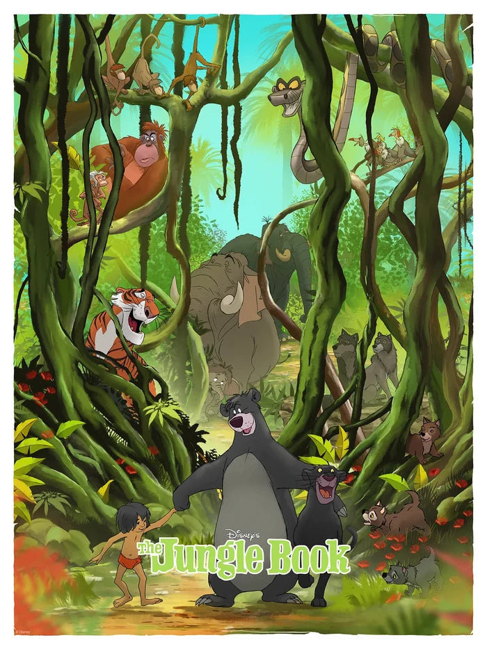 Illustration of characters from Disney's 'The Jungle Book' in a jungle setting with The Jungle Book logo at the bottom.