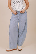 blue vertical stripe barrel cut pants front