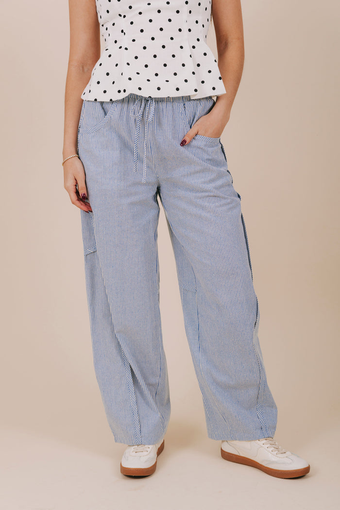 blue vertical stripe barrel cut pants front 2