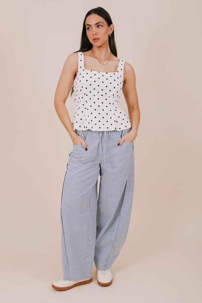 blue vertical stripe barrel cut pants full