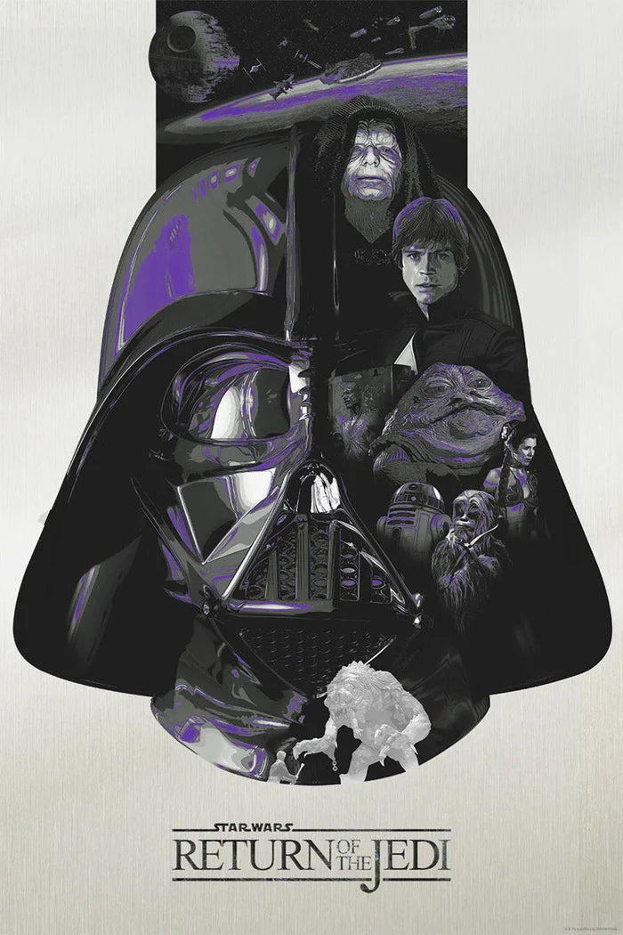 A lithograph featuring characters and scenes from 'The Return of the Jedi' with a black background, numbered edition marker, and a watermark with the title 'RETURN JEDI'.