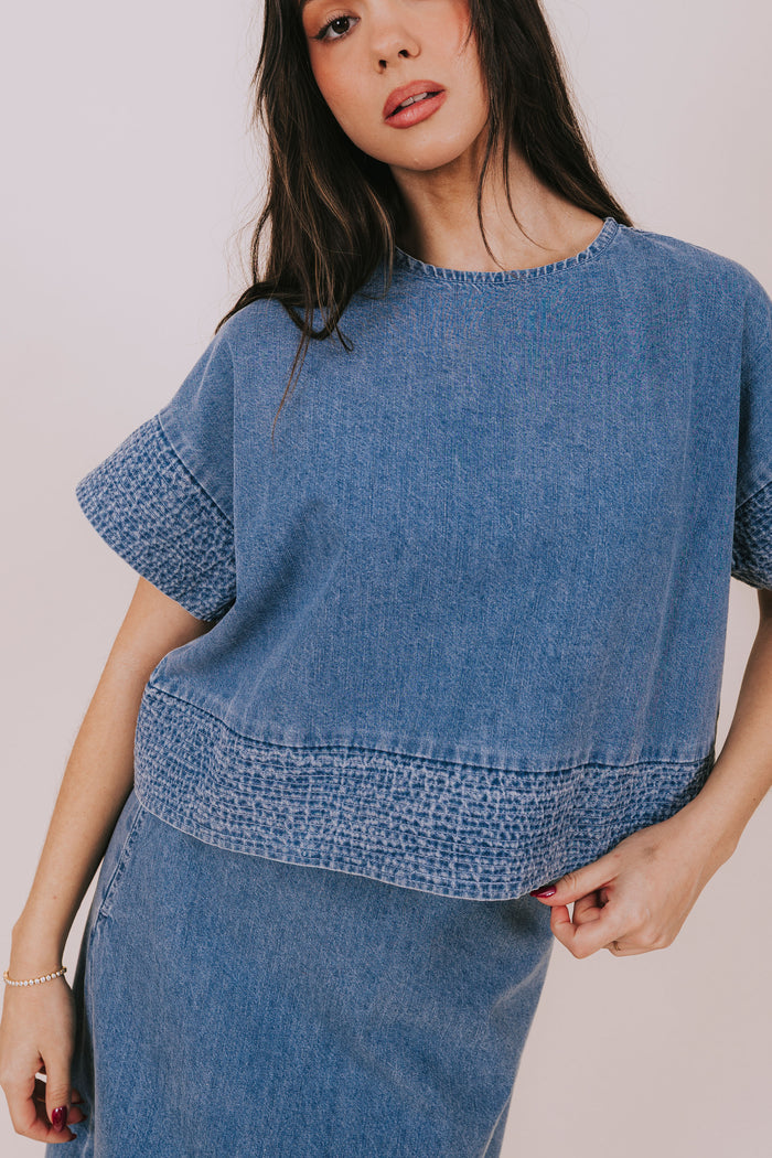 textured denim top detail