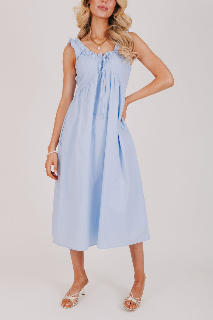 ruffled trim sleeveless blue dress