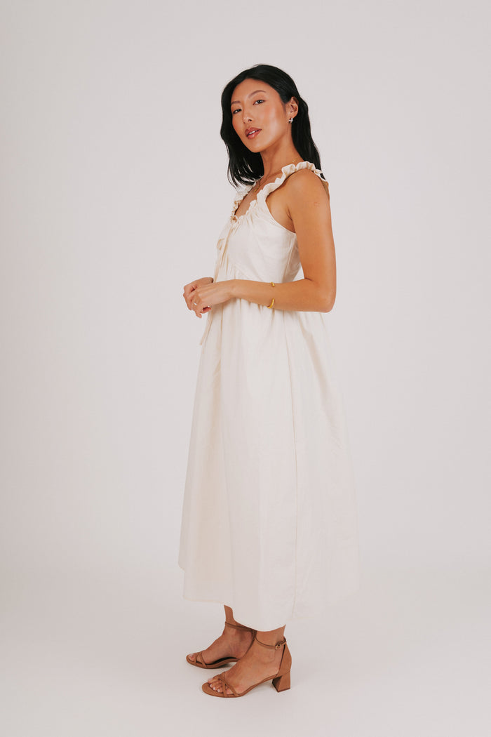 ruffled trim sleeveless cream dress