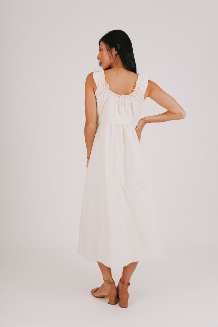 ruffled trim sleeveless cream dress