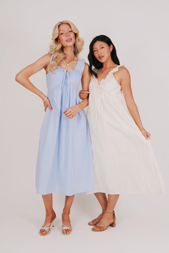 ruffled trim sleeveless dress blue and cream