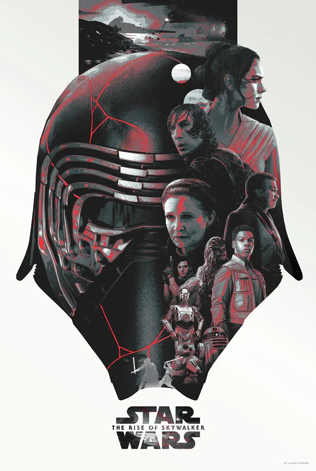 Hand-numbered pearlescent lithograph poster featuring characters from Star Wars: The Rise of Skywalker, with a focus on Kylo Ren's mask.
