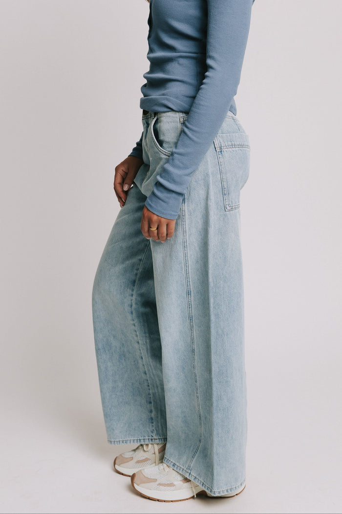 light wash high waisted wide leg jeans side