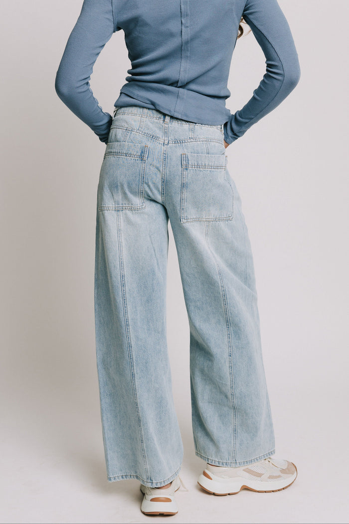light wash high waisted wide leg jeans back