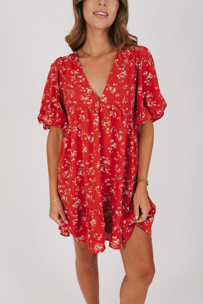 v-neck red and white floral dress with puff sleeves