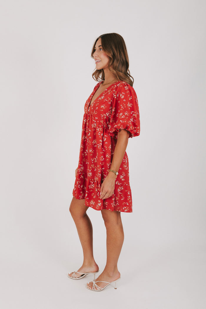 v-neck red and white floral dress with puff sleeves