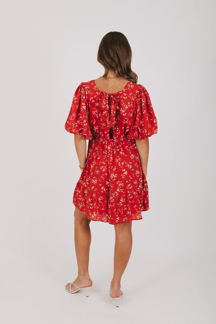 v-neck red and white floral dress with puff sleeves