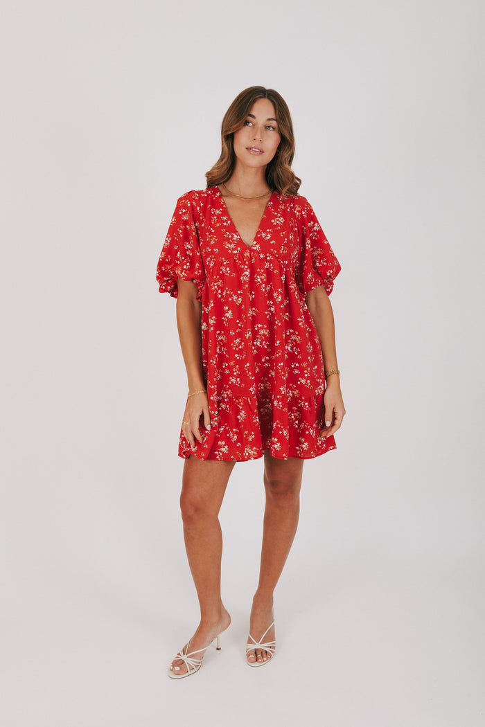 v-neck red and white floral dress with puff sleeves