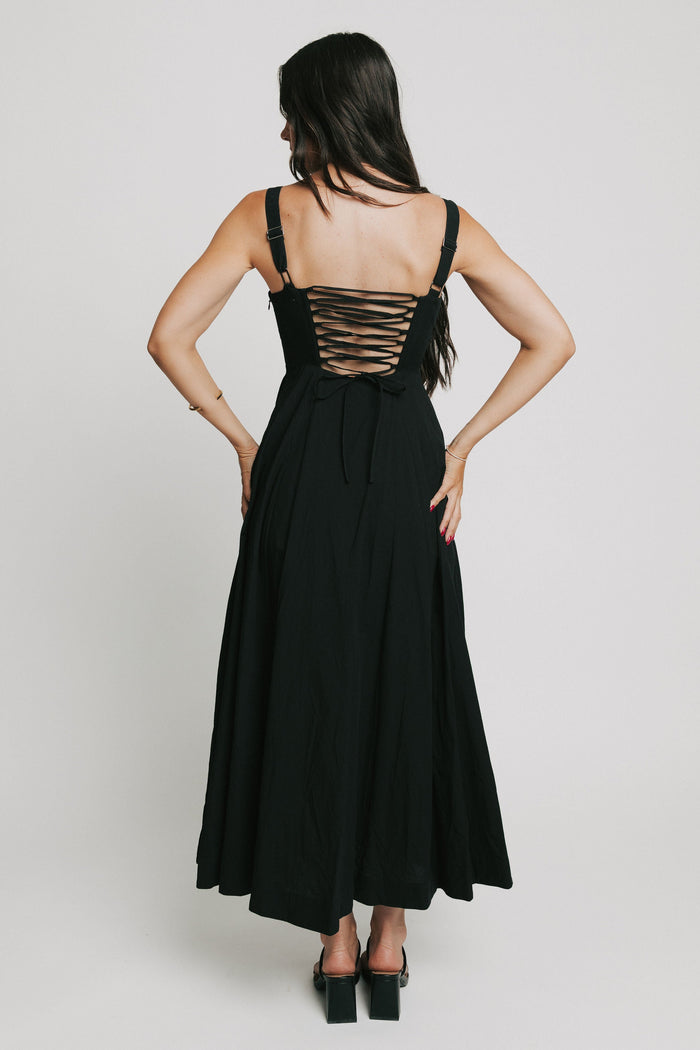 maxi dress with structured bodice and slit in the front black back