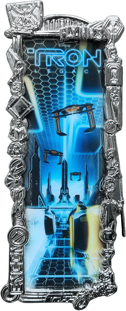 A collectable pin with a silver-toned metal frame featuring a screen-printed 'Tron' themed graphic with blue neon lights, futuristic structures, and a stylized 'TRON' logo at the top, designed by Ben Harman.