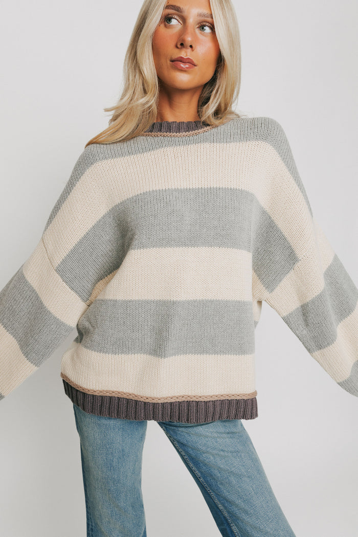 cream and grey wide striped sweater