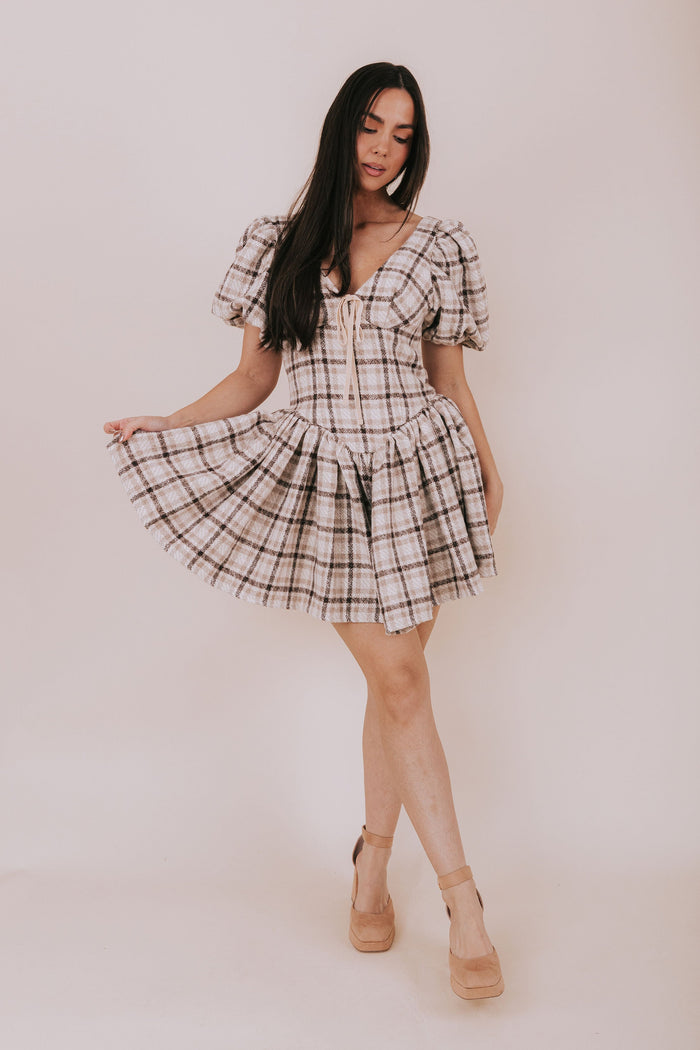 plaid mini tweed puff sleeve dress front