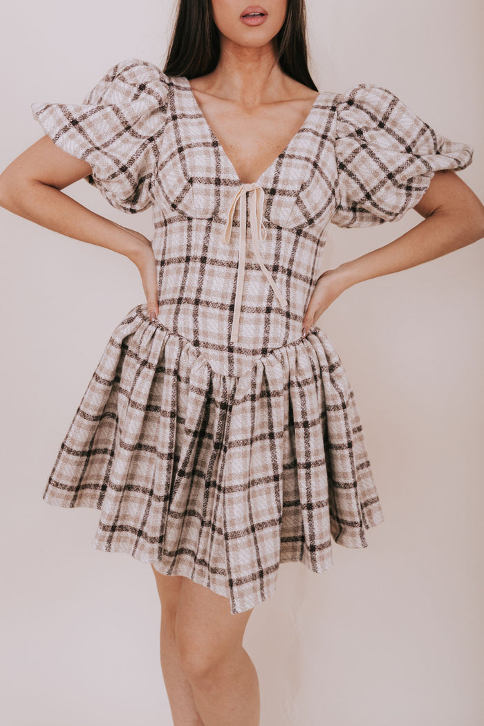 plaid mini tweed puff sleeve dress detail
