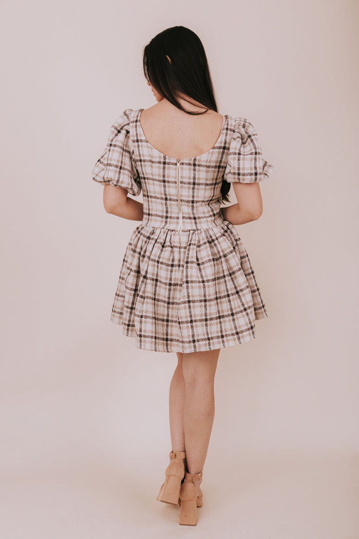 plaid mini tweed puff sleeve dress back