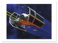 A Star Wars art print featuring TIE fighters and x wings in battle in a starry deep blue sky.