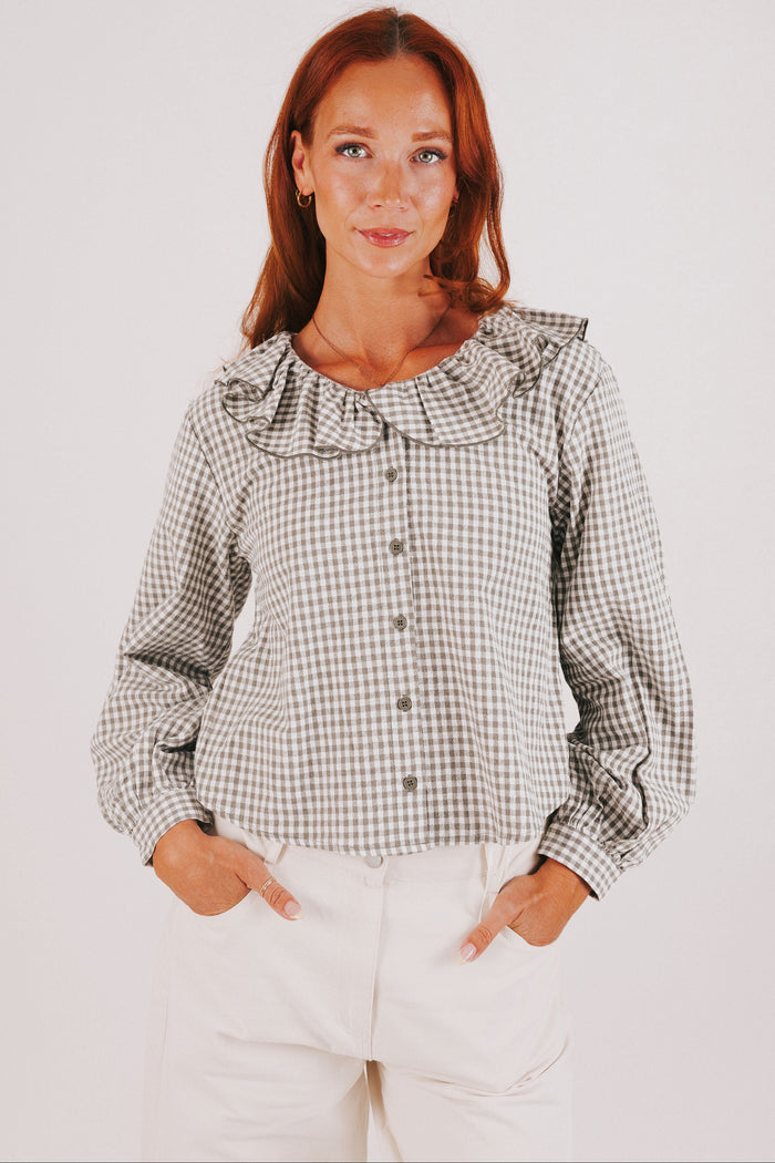 dark sage gingham long sleeve top with collar