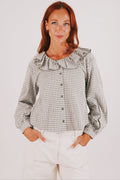 dark sage gingham long sleeve top with collar