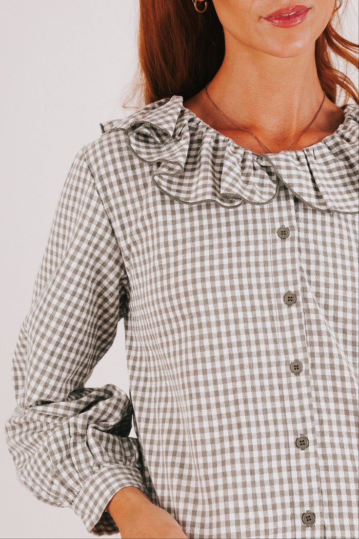 dark sage gingham long sleeve top with collar front