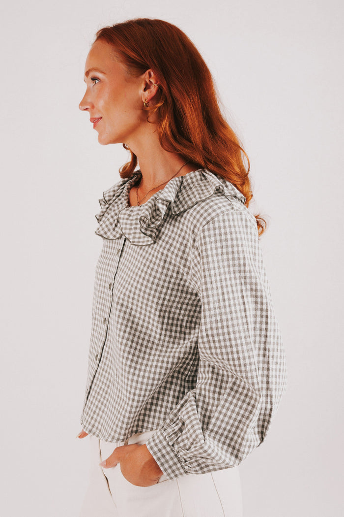 dark sage gingham long sleeve top with collar side