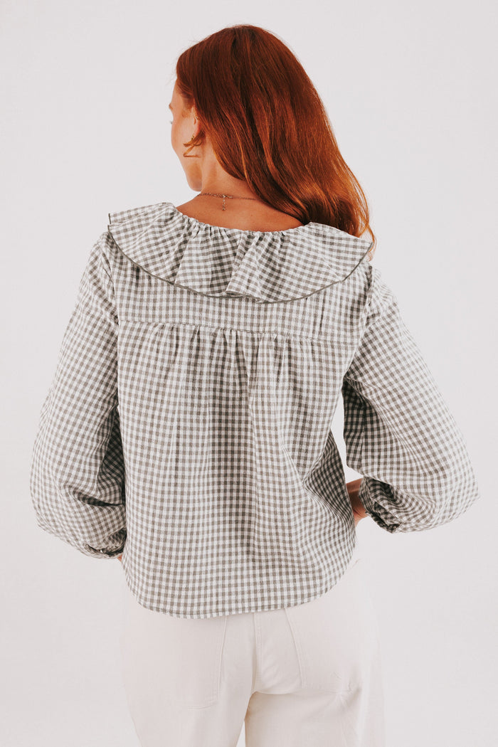 dark sage gingham long sleeve top with collar back