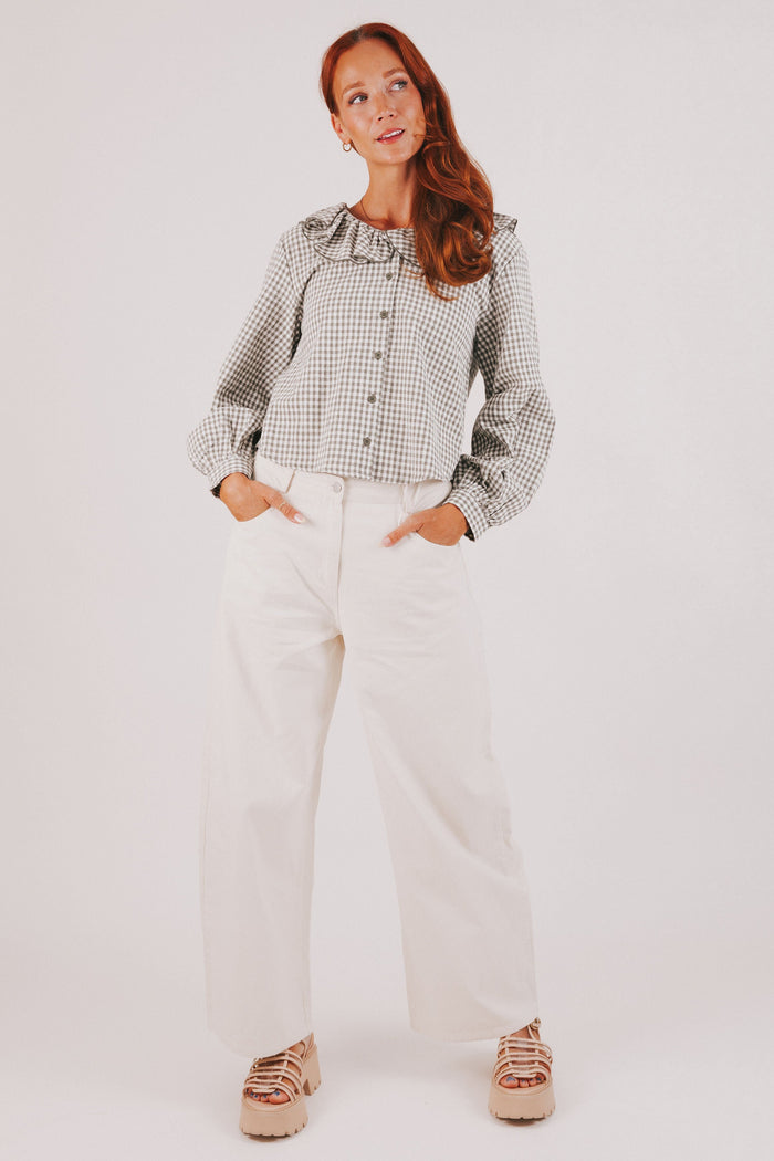 dark sage gingham long sleeve top with collar full