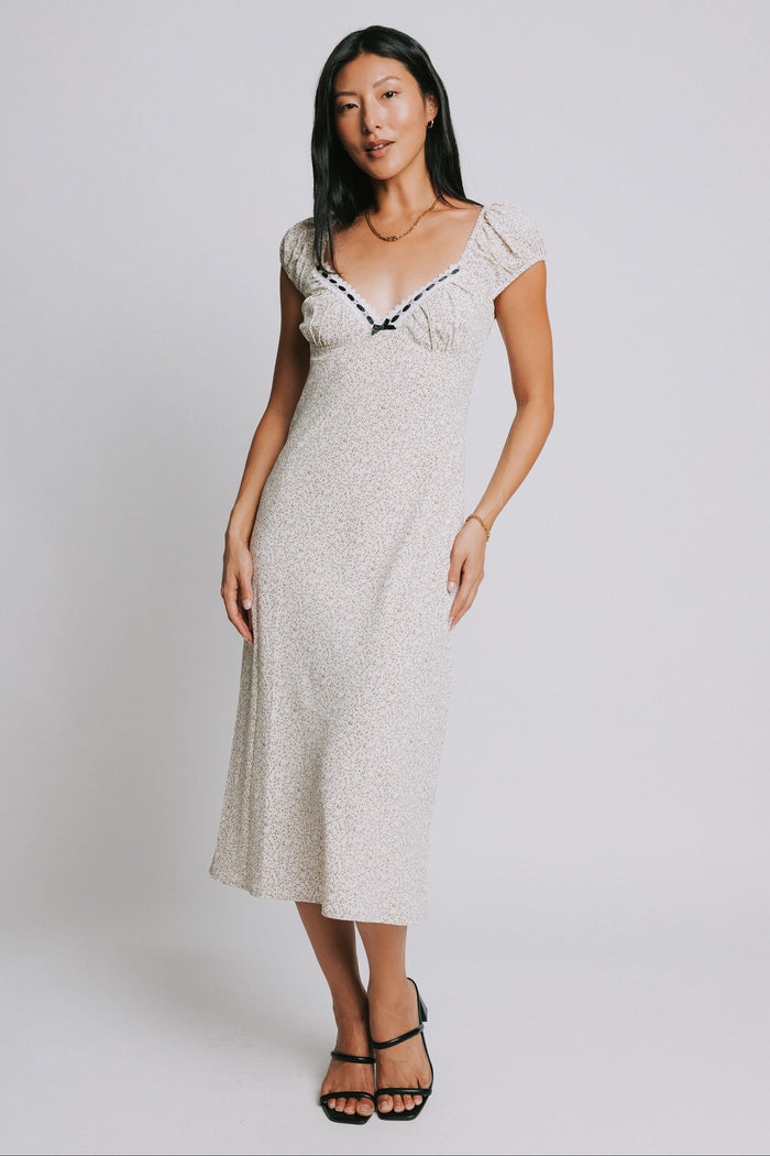 floral midi dress with lace trim on neckline