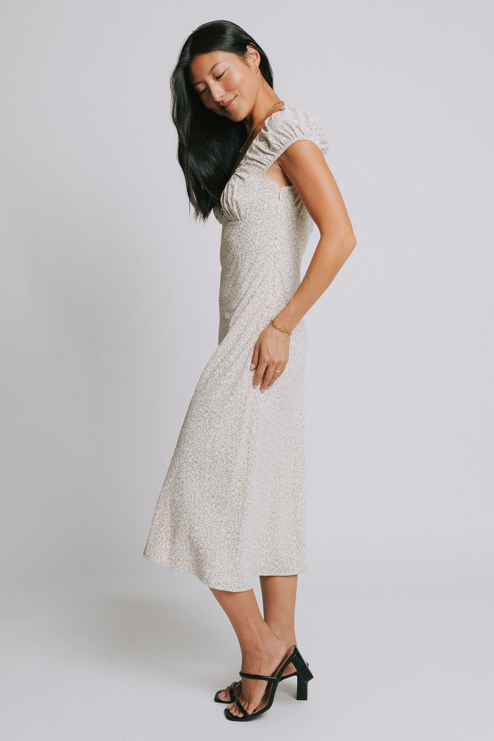 floral midi dress with lace trim on neckline side
