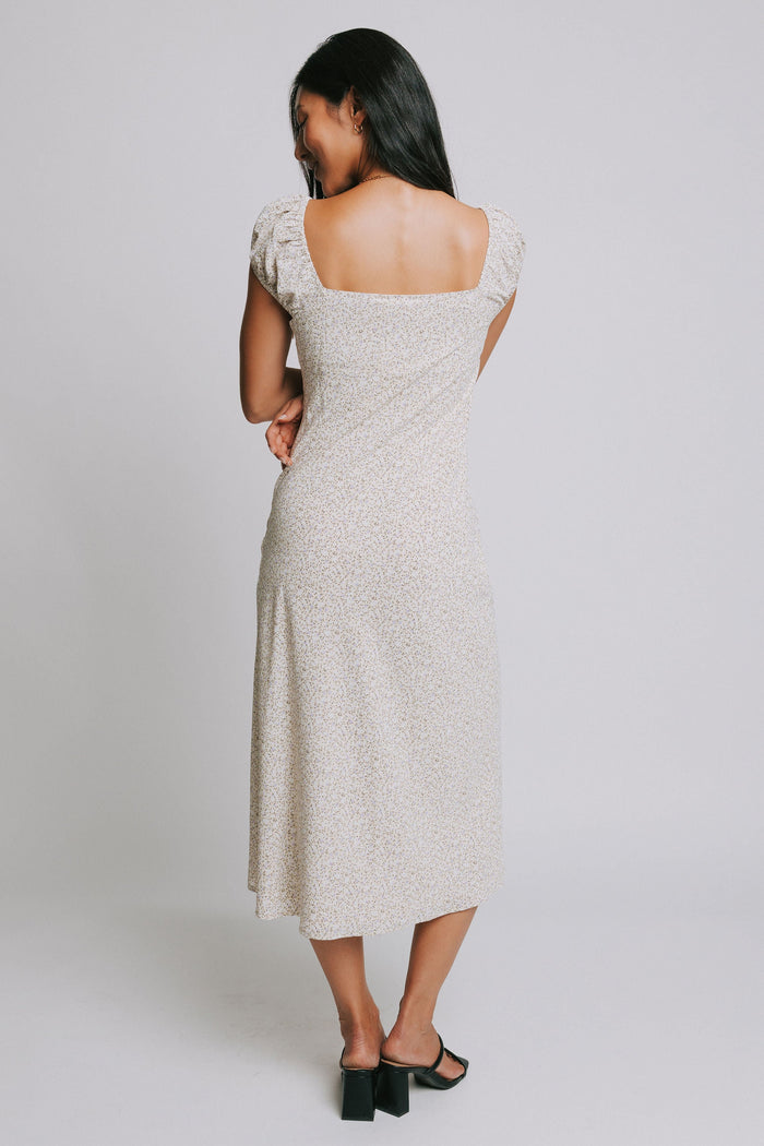 floral midi dress with lace trim on neckline back